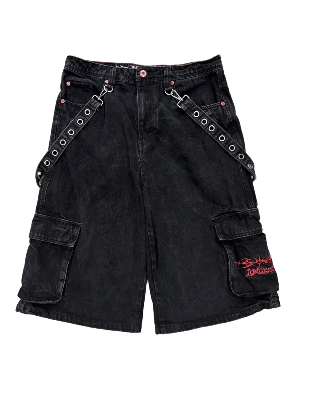 Vitriol Black Denim Cargo Shorts Grommet Straps